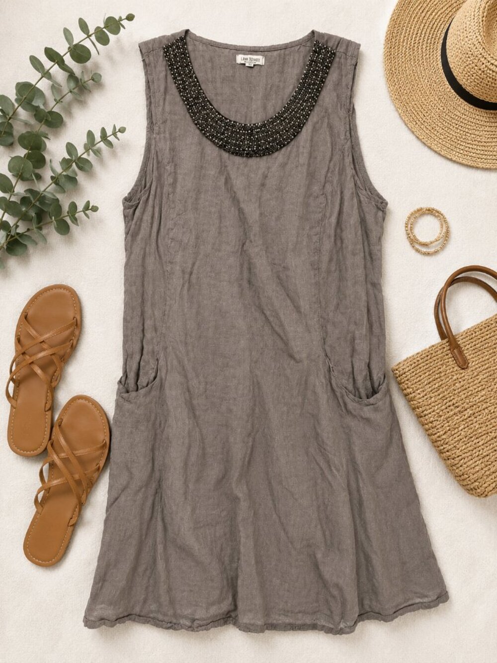 Lina Tomei Size XL Taupe Beaded Neck 100% Linen Shift Dress Pockets